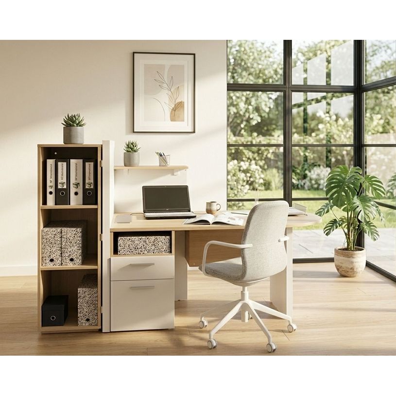 3700339881338-Banque d'accueil JENNY -  L168,8 x H131,1 x P95,8 cm - finition chêne clair et blanc--1