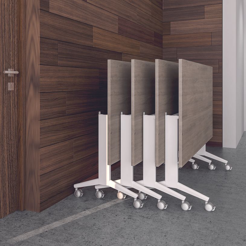 3253310160255-Table de réunion abattantes - L140 x P80 cm - pied blanc - plateau blanc perle--2