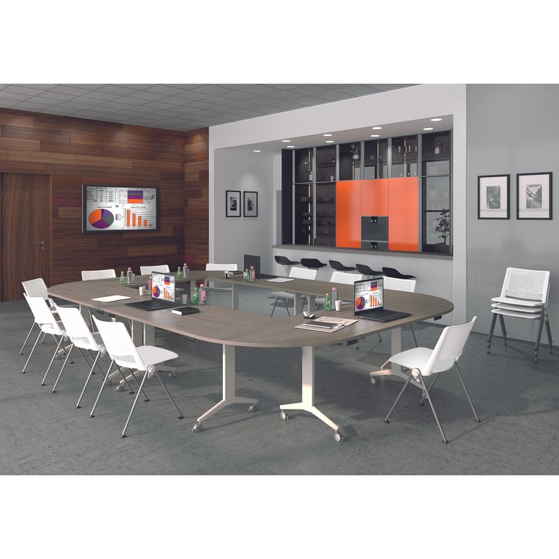 3253310171596-Table de réunion abattantes angle à droite - L200 x P80 cm - pied blanc - plateau imitation érable--1