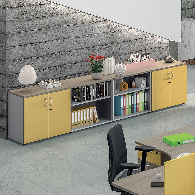 3253310270213-Armoire basse IRIS - H72 x L80 x P47 - 2 portes - Corps Blanc perle - Dessus et portes imitation noyer--1