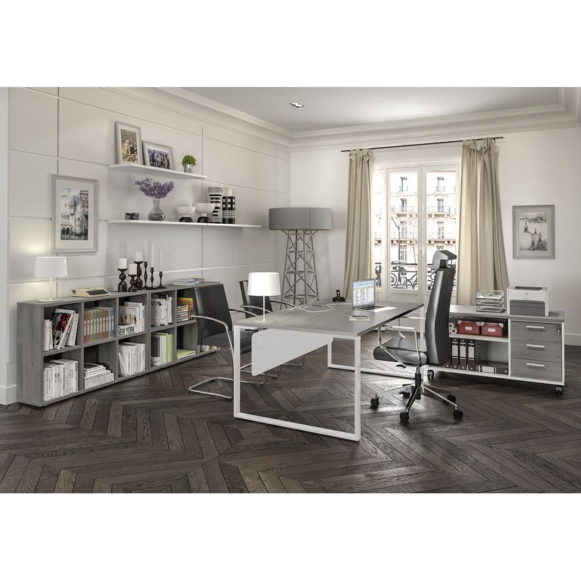 3253310167537-Bureau LOFTER Manager - L180 x P100 x H72,5 cm - sans console - pieds blanc - plateau imitation chêne --1