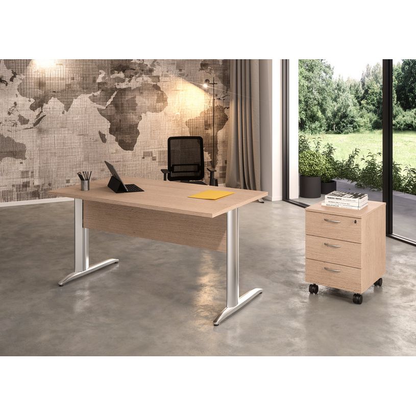 0404052256000-Bureau droit Trend - L160 - Pieds métals - plateau imitation hêtre - pied effet chromé--1