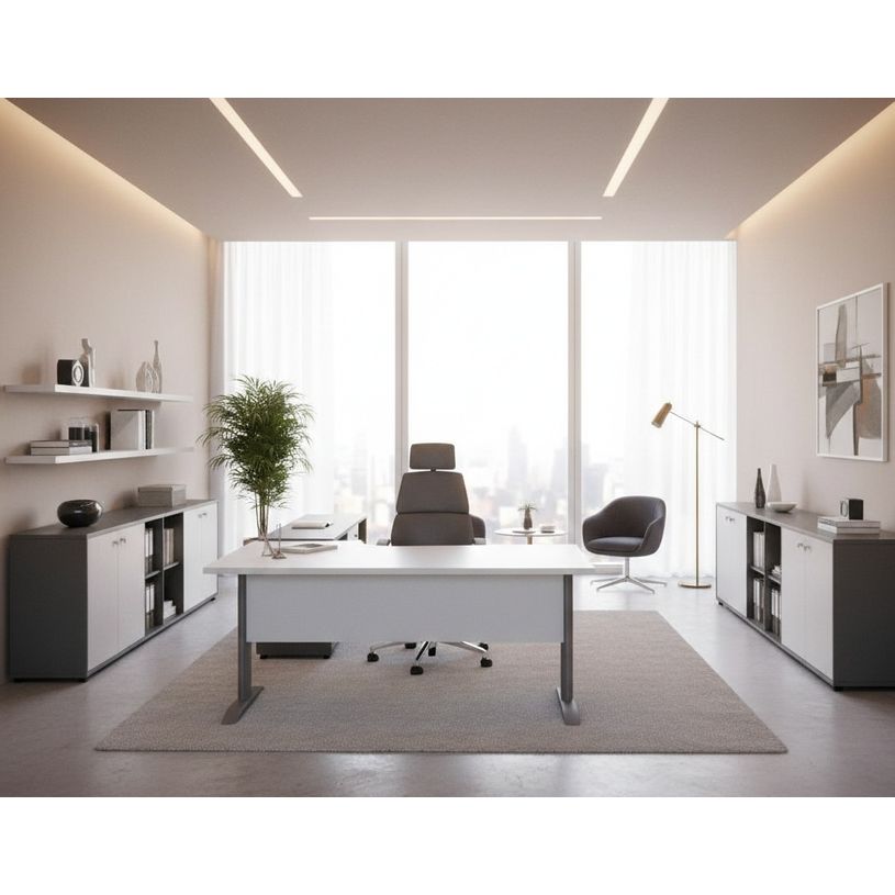 0404052257014-Bureau compact Trend - L160 cm - retour à gauche - Pieds métals anthracite - plateau blanc - (pieds de renfort obligatoire à rajou--1