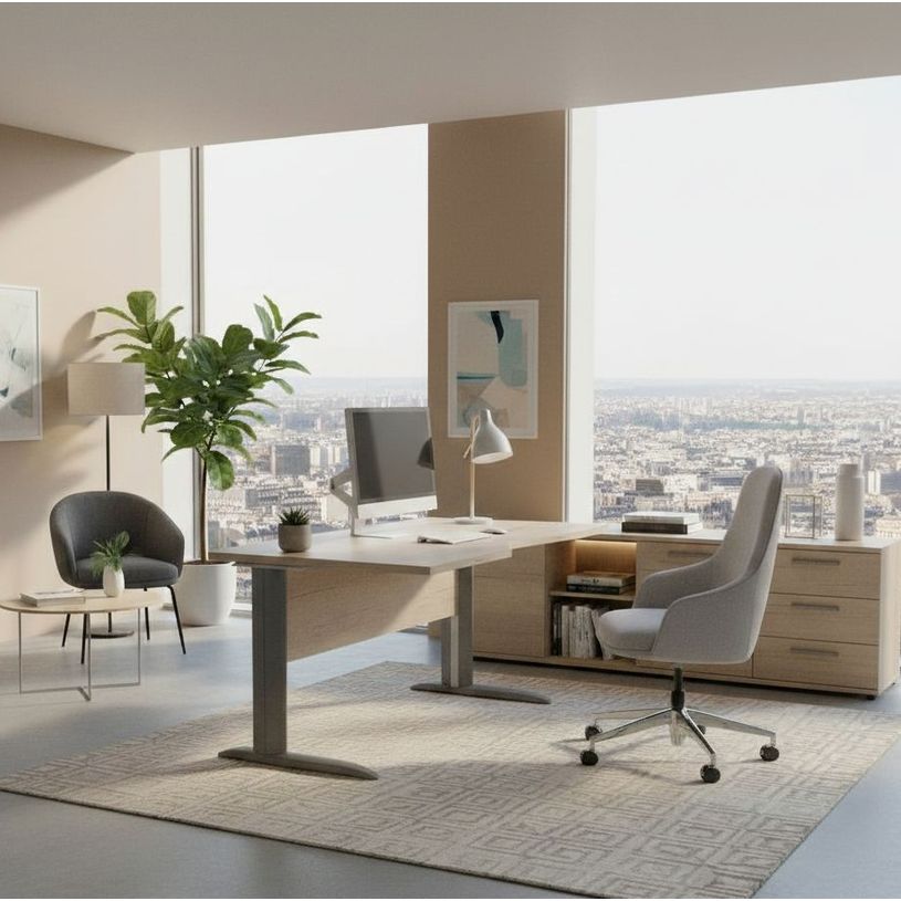 0404052241068-Bureau compact Trend - L160 cm - retour à droite - Pieds métals alu - plateau imitation chêne canadien (pied de renfort obligatoire à rajou--1