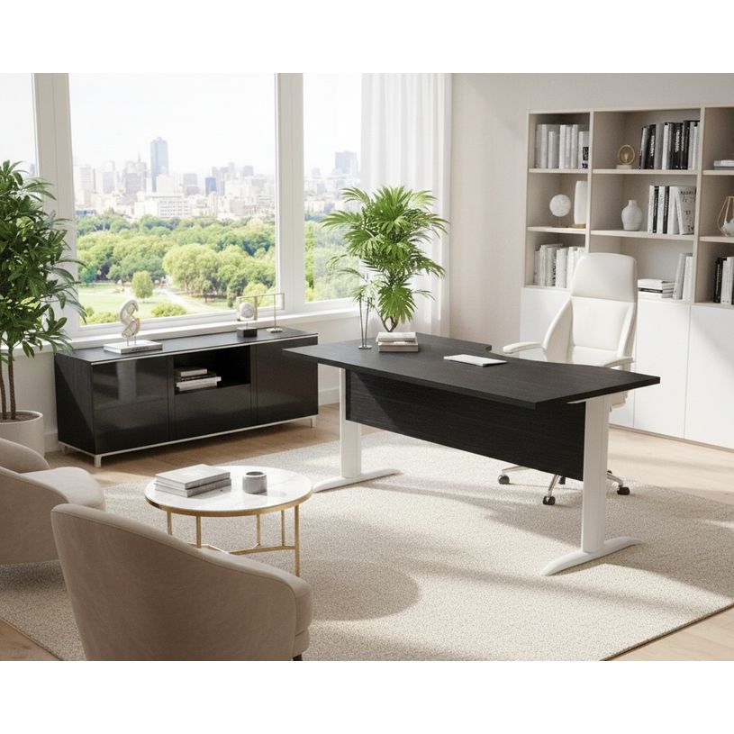 0404052256611-Bureau compact Trend - L160 cm - retour à droite - Pieds métals alu - plateau imitation frêne noir (pied de renfort obligatoire à rajou--1