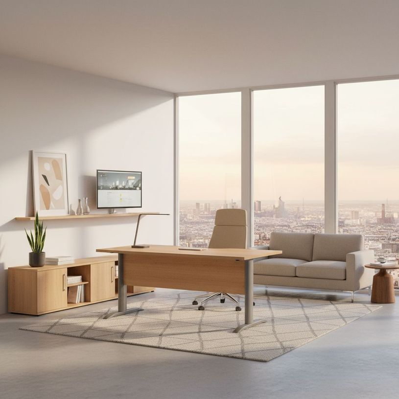 7331920001017-Bureau compact Trend - L160 cm - retour à droite - Pieds métals alu - plateau imitation hêtre (pied de renfort obligatoire à rajou--1