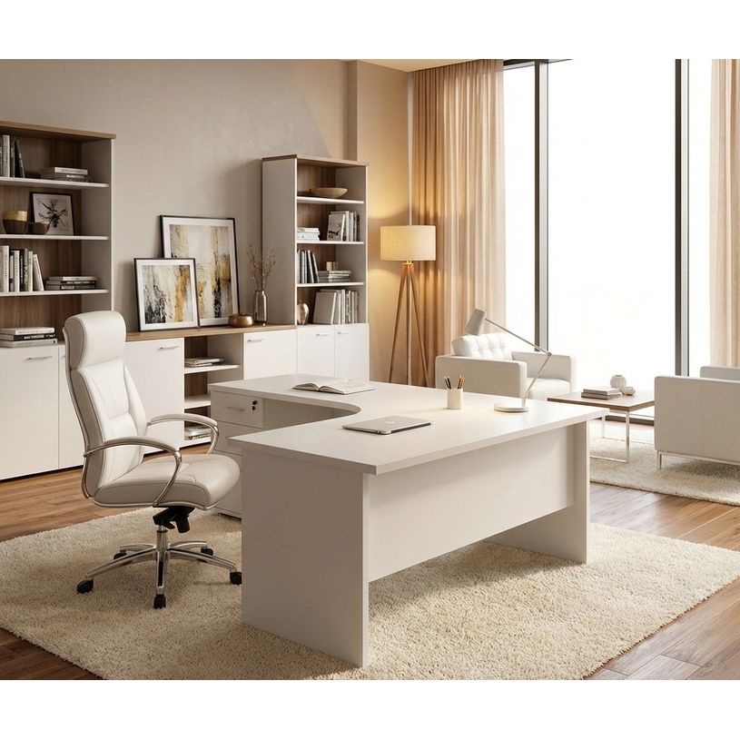 0404052257496-Bureau compact Trend - L160 cm - retour à gauche - pieds panneaux - plateau blanc--1