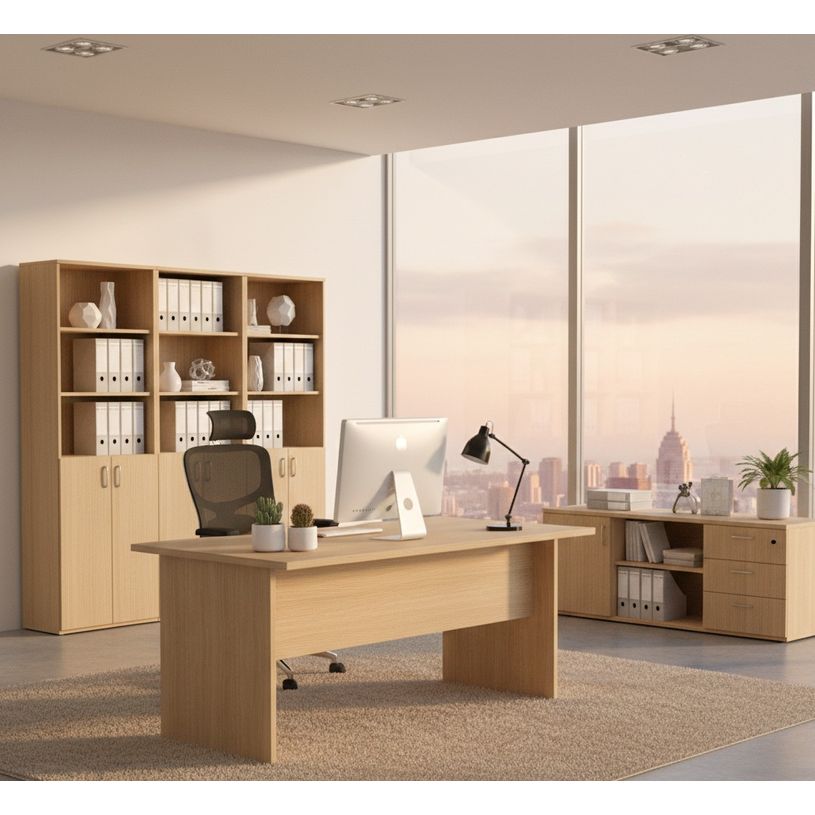 0404052256888-Bureau compact Trend - L160 cm - retour à droite - pieds panneaux - plateau imitation chêne (pied de renfort obligatoire à rajou--1