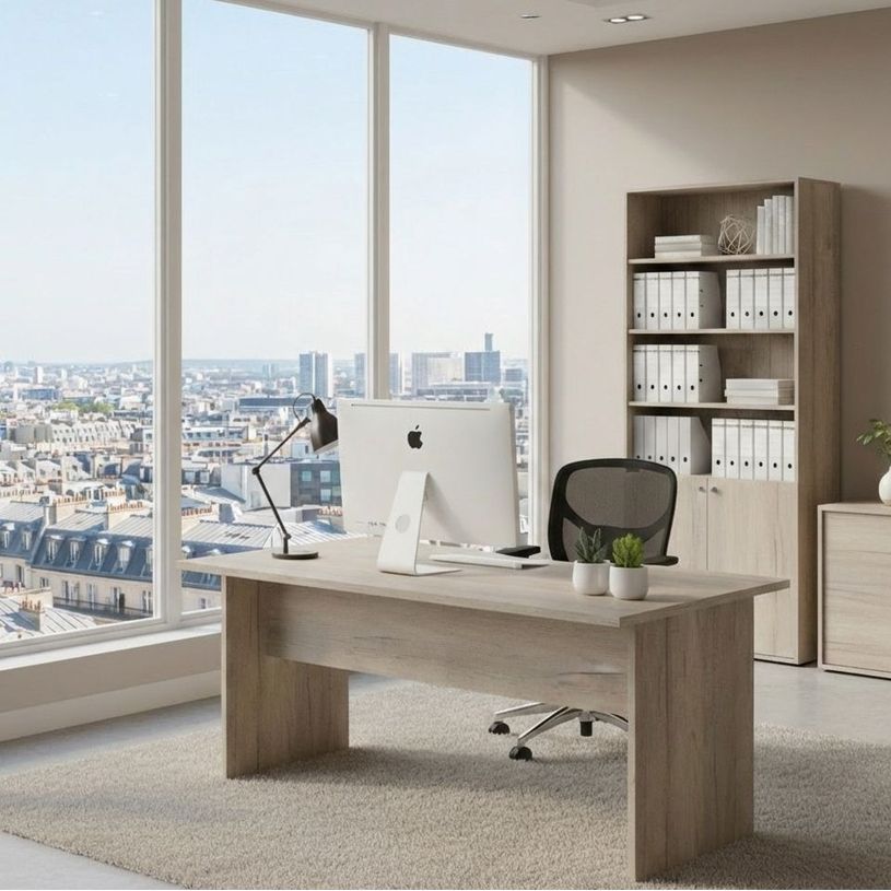 0404052241037-Bureau compact Trend - L160 cm - retour à gauche - pieds panneaux - plateau imitation chêne canadien--1