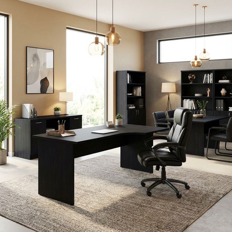 0404052257526-Bureau compact Trend - L160 cm - retour à gauche - pieds panneaux - plateau imitation frêne noir--1