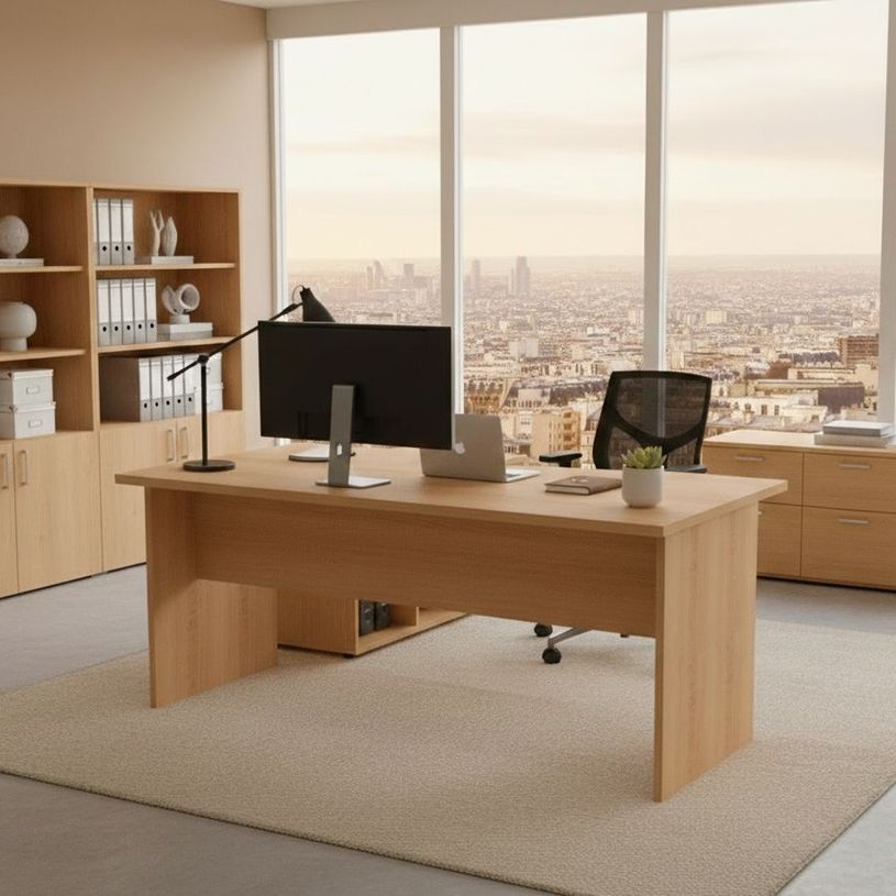 0404052257540-Bureau compact Trend - L160 cm - retour à gauche - pieds panneaux - plateau imitation hêtre--1