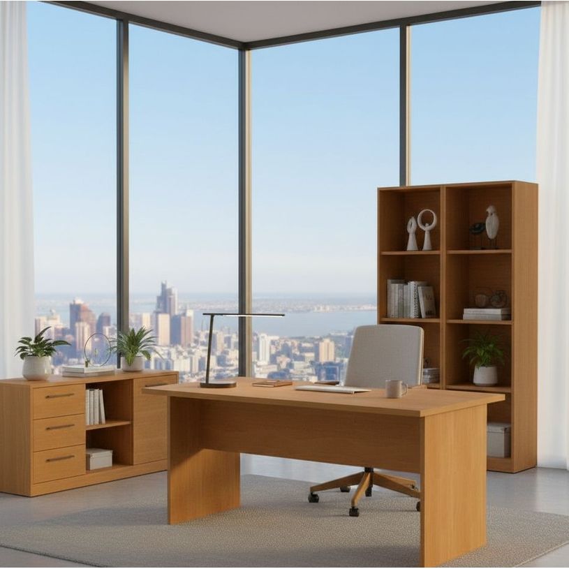 0404052257489-Bureau compact Trend - L160 cm - retour à gauche - pieds panneaux - plateau imitation noyer clair--1