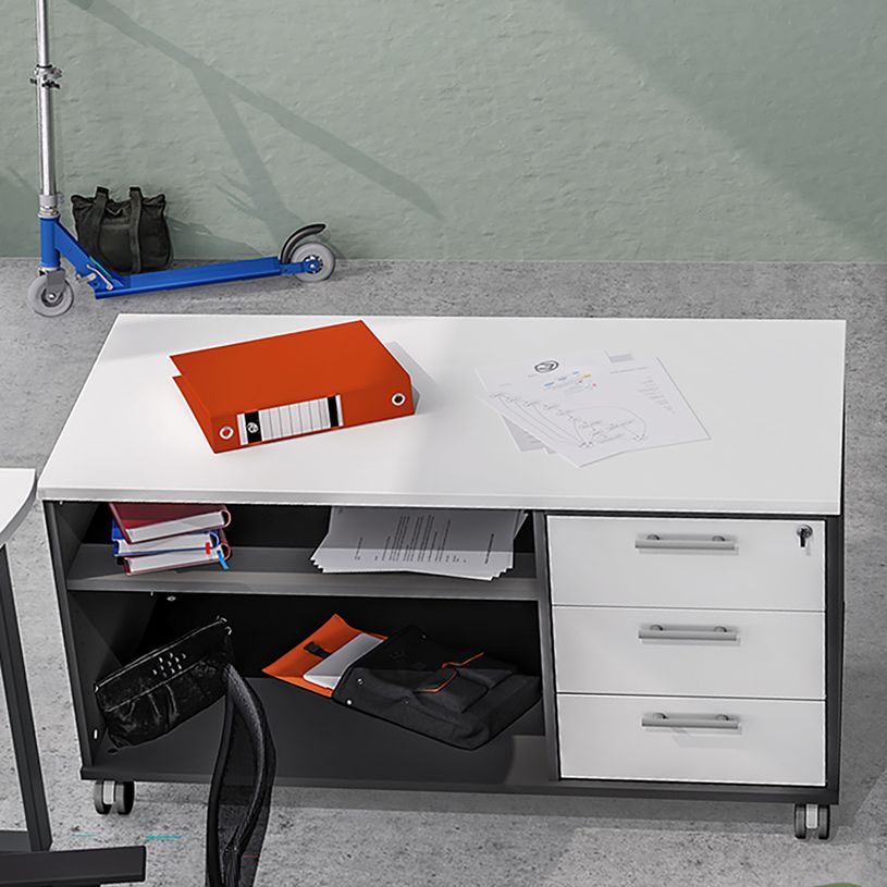 3253310163485-Console mobile LEVEL/STEELY/WOODY - L120 x H63 x P60 cm - 3 tiroirs - coté anthracite - finition façade et dessus--1