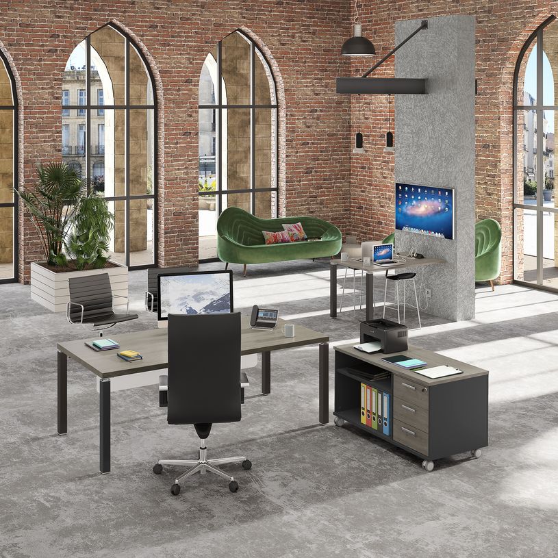 3253310147584-Bureau EXPRIM Manager - L200 x P100 x H72,5 cm - Plateau imitation chêne clair - Pieds blanc--1