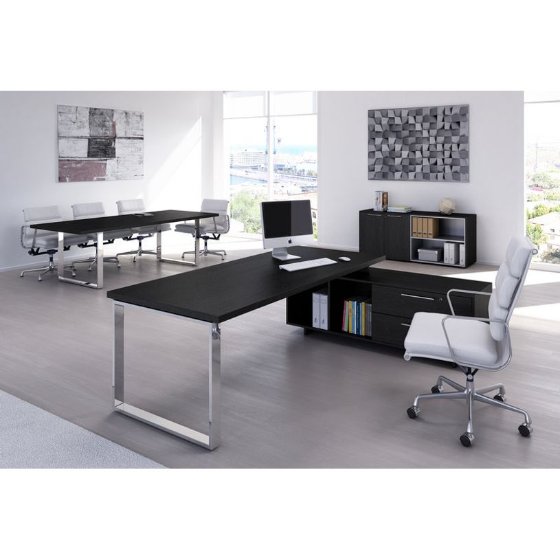 7331920002977-Bureau Manager FLORA - avec console retour réversible - L195 x P170 cm - pieds cadre en métal effet chromé - plateau imit--1