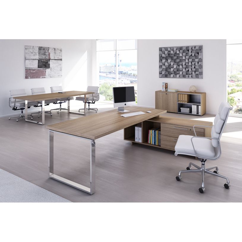 7331920002984-Bureau Manager FLORA - avec console retour réversible - L195 x P170 cm - pieds cadre en métal effet chromé - plateau imitatio--1