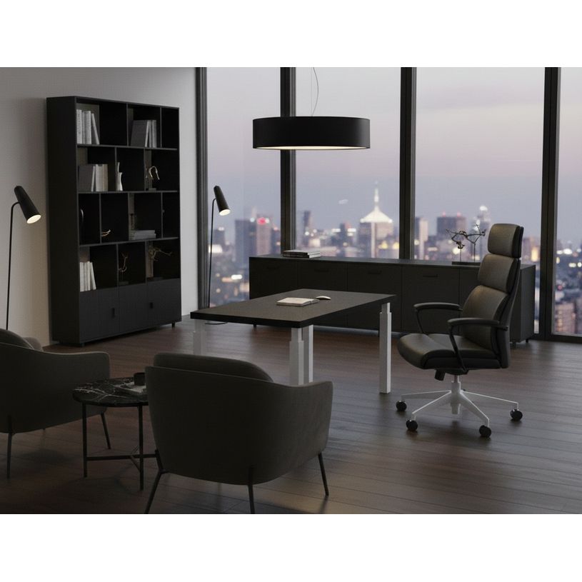 7331920004087-Bureau Manager FLORA - L210 x P90 cm - pieds en métal blanc - plateau imitation frêne noir--1