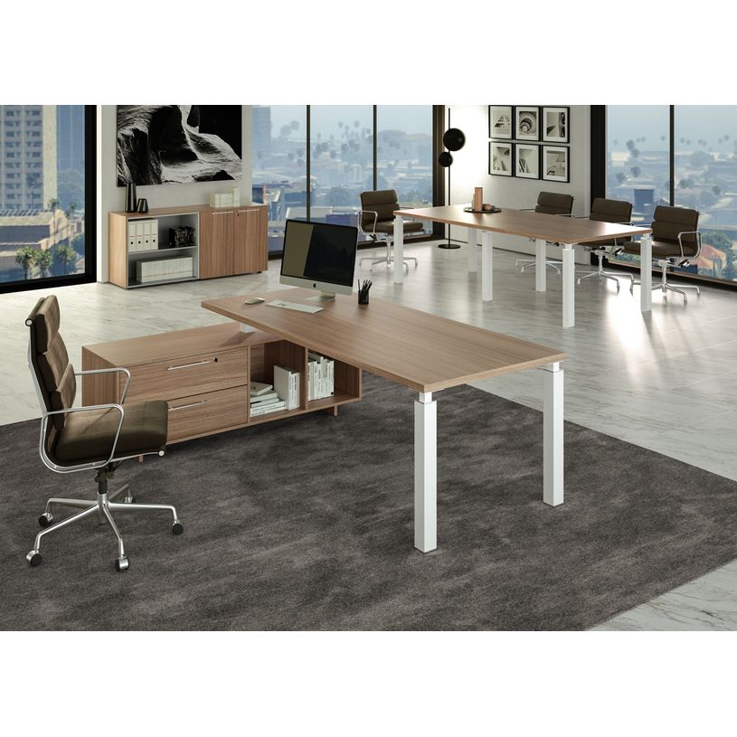 7331920004131-Bureau Manager FLORA - avec console retour réversible - L225 x P170 cm - pieds en métal blanc - plateau imitatio--1