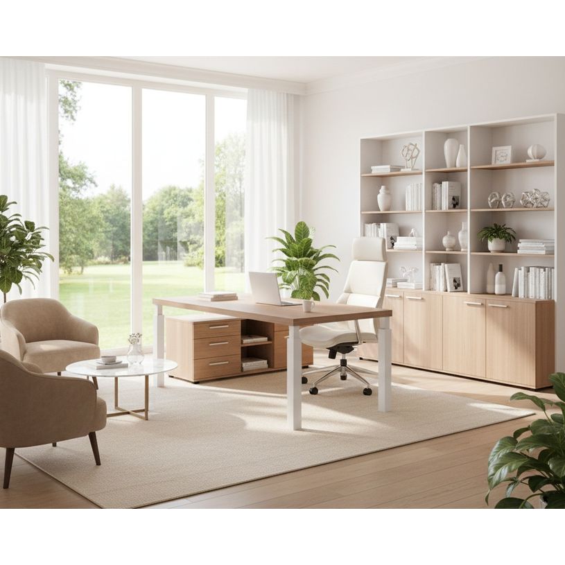 7331920004070-Bureau Manager FLORA - L180 x P90 cm - pieds en métal blanc - plateau imitation merisier arabis--1