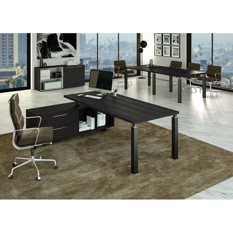 7331920002878-Bureau Manager FLORA - avec console retour réversible - L195 x P170 cm - pieds en métal noir - plateau imit--1