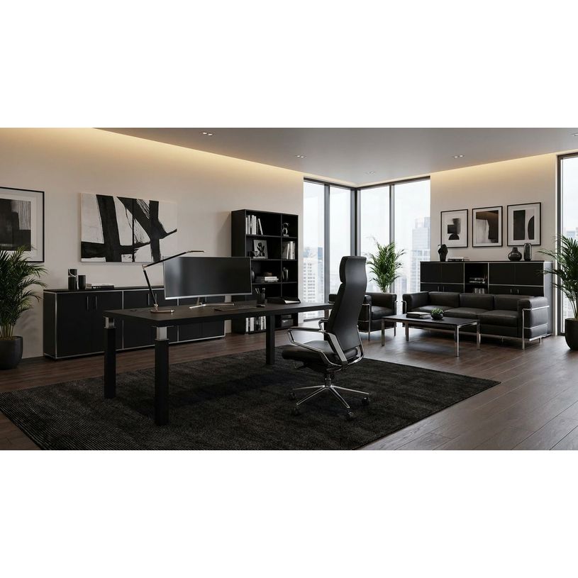 7331920002854-Bureau Manager FLORA - L210 x P90 cm - pieds en métal noir - plateau imitation frêne noir--1