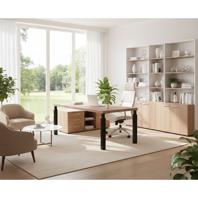 7331920002861-Bureau Manager FLORA - L210 x P90 cm - pieds en métal noir - plateau imitation merisier arabis--1