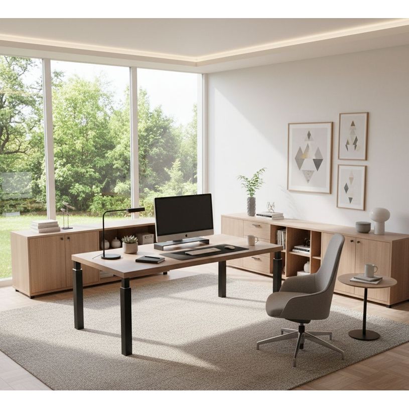 7331920002847-Bureau Manager FLORA - L180 x P90 cm - pieds en métal noir - plateau imitation merisier arabis--1