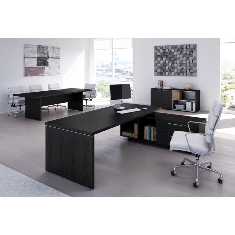 7331920002779-Bureau Manager FLORA - avec console retour réversible - L195 x P170 cm - pieds panneaux - plateau imit--1