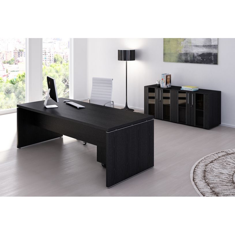 7331920002731-Bureau Manager FLORA - L180 x P90 cm - pieds panneaux - plateau imitation frêne noir--1