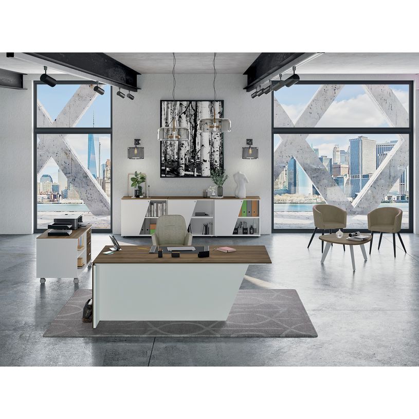 3253310544406-Armoire basse KHEOPS  - porte à droite - structure blanc perle - finition imitation noyer--1