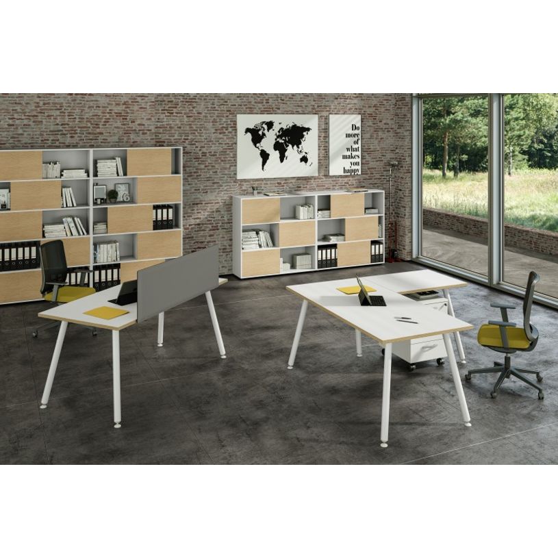 2012349510131-Bureau LEONARDO - 80 cm - Pieds métal blancs - Blanc chants chêne--1