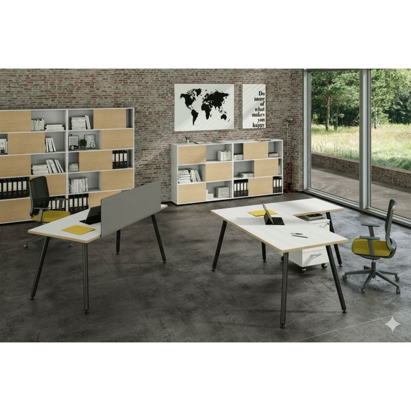 2012349511275-Bureau LEONARDO - 80 cm - Pieds métal noirs - Blanc chants chêne--1