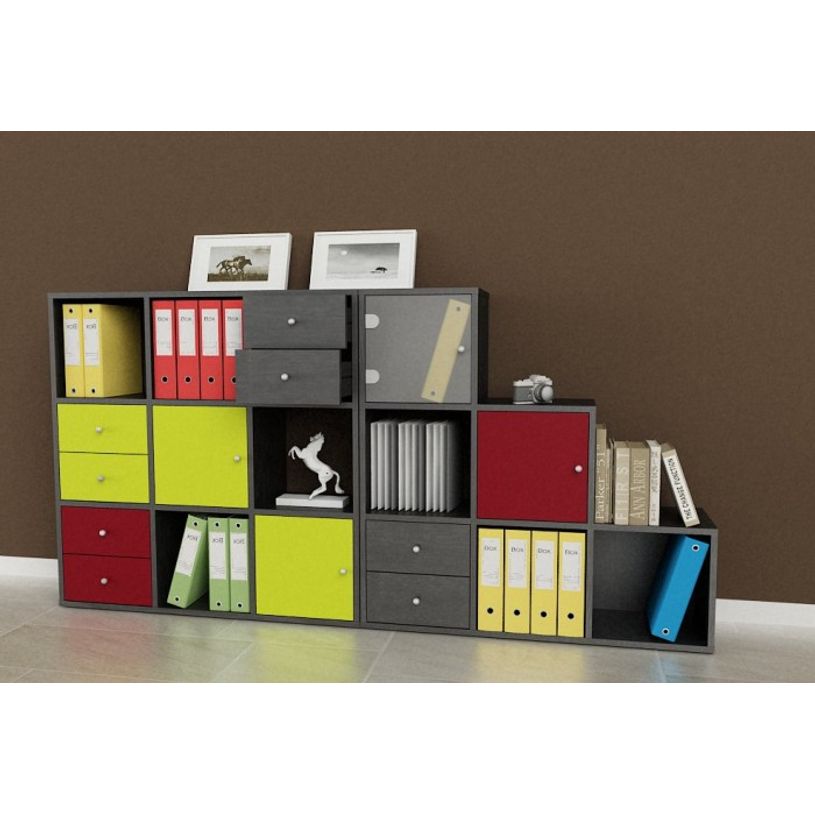 7331910005704-Bibliothèque modulaire MAXICOLOR - 3 cases - plateau imitation frêne noir--1