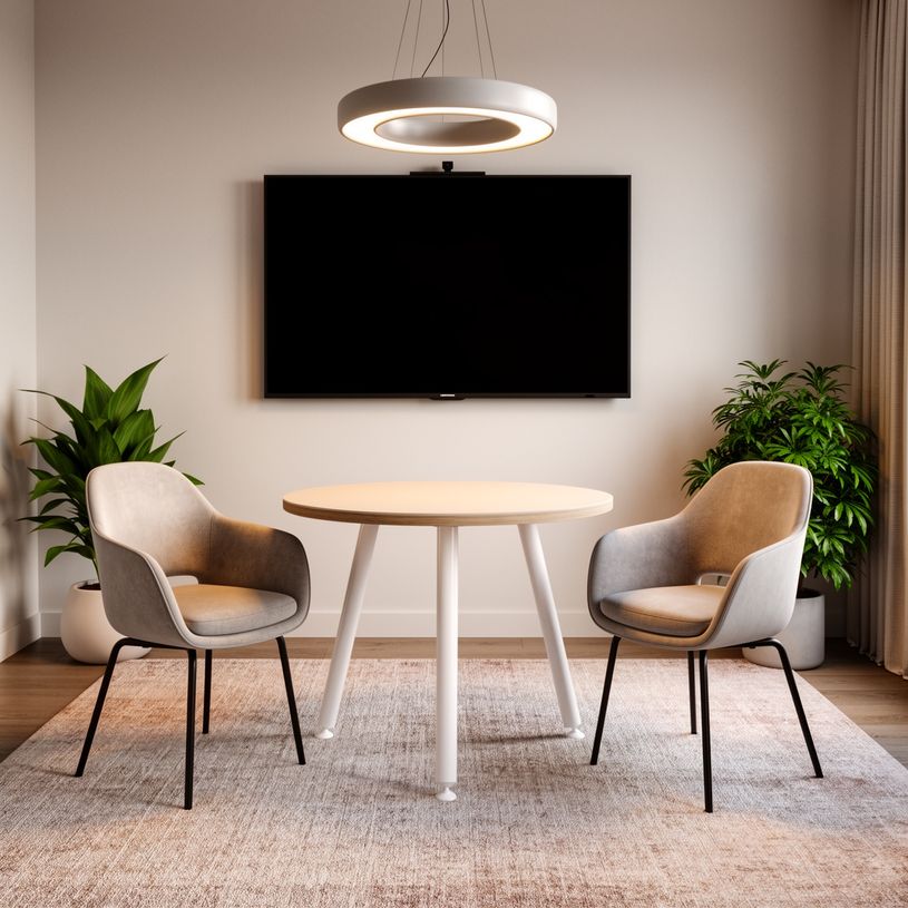 2012349509951-Table ronde - H74,4 cm - 80 cm - 3 pieds blanc - plateau imitation chêne--1