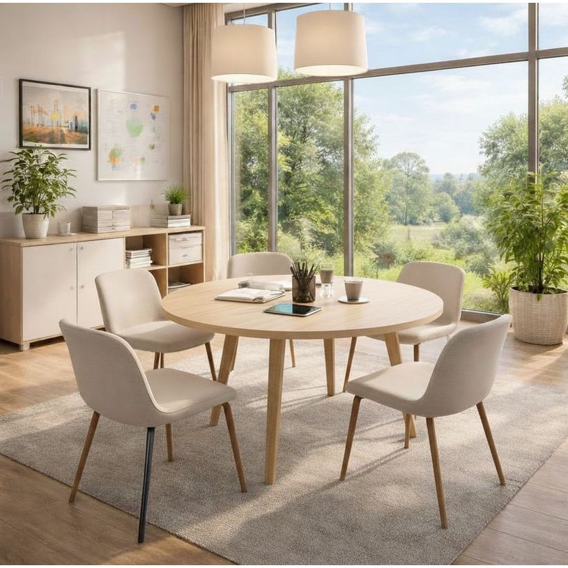 7331910018858-Table ronde - H74,4 cm - 100 cm - 4 Pieds bois - plateau imitation chêne--1