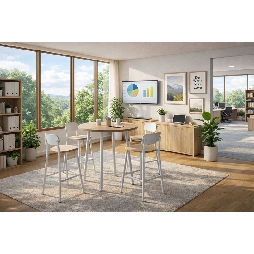 2012349510117-Table ronde - H105 cm - 100 cm - 4 Pieds blanc - plateau imitation chêne--1