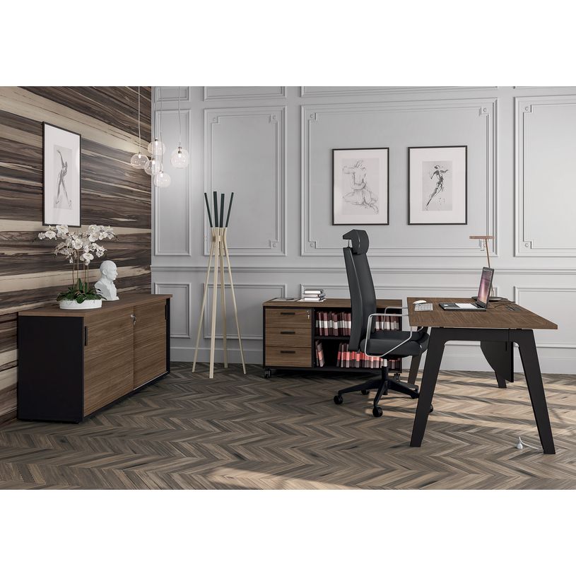 3253310161986-Bureau simple STEELY - L140 cm - pied carbone - plateau imitation Hêtre--1