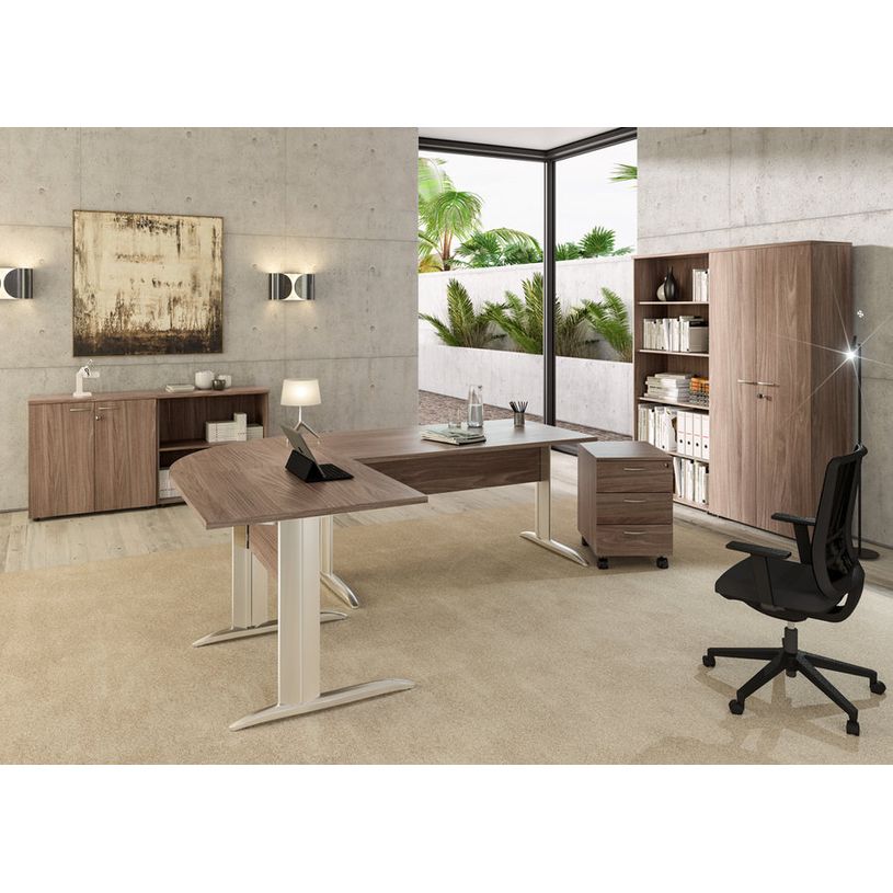 7331920002168-Bibliothèque basse Trend - L80xP35xH72 cm - 2 portes en mélaminé - portes et panneaux imitation frê--1