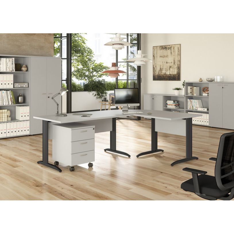 7331920008207-Bibliothèque haute Trend - L80xP44xH120 cm - 2 portes en verre dépoli - panneaux gris--1