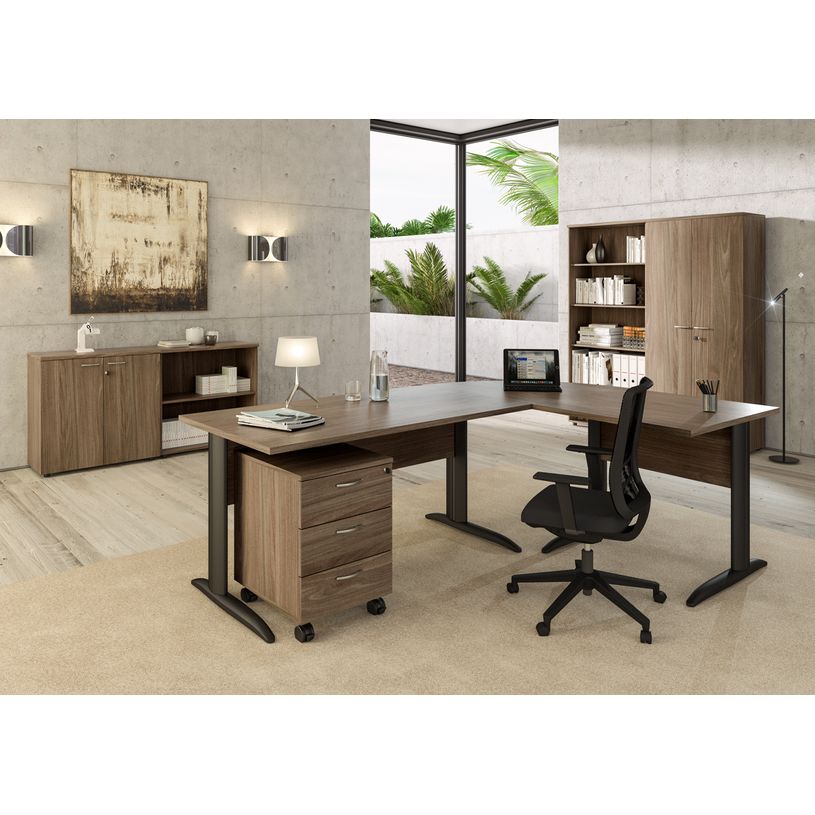 7331920009488-Bureau droit Trend - L140 - Pieds métals - plateau imitation chêne canadien - pied anthracite--1