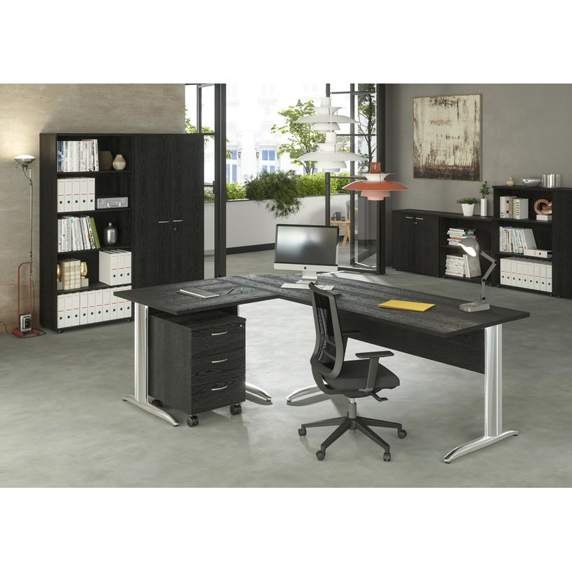 0404052255928-Bureau droit Trend - L160 - Pieds métals - plateau imitation frêne noir - pied effet chromé--1