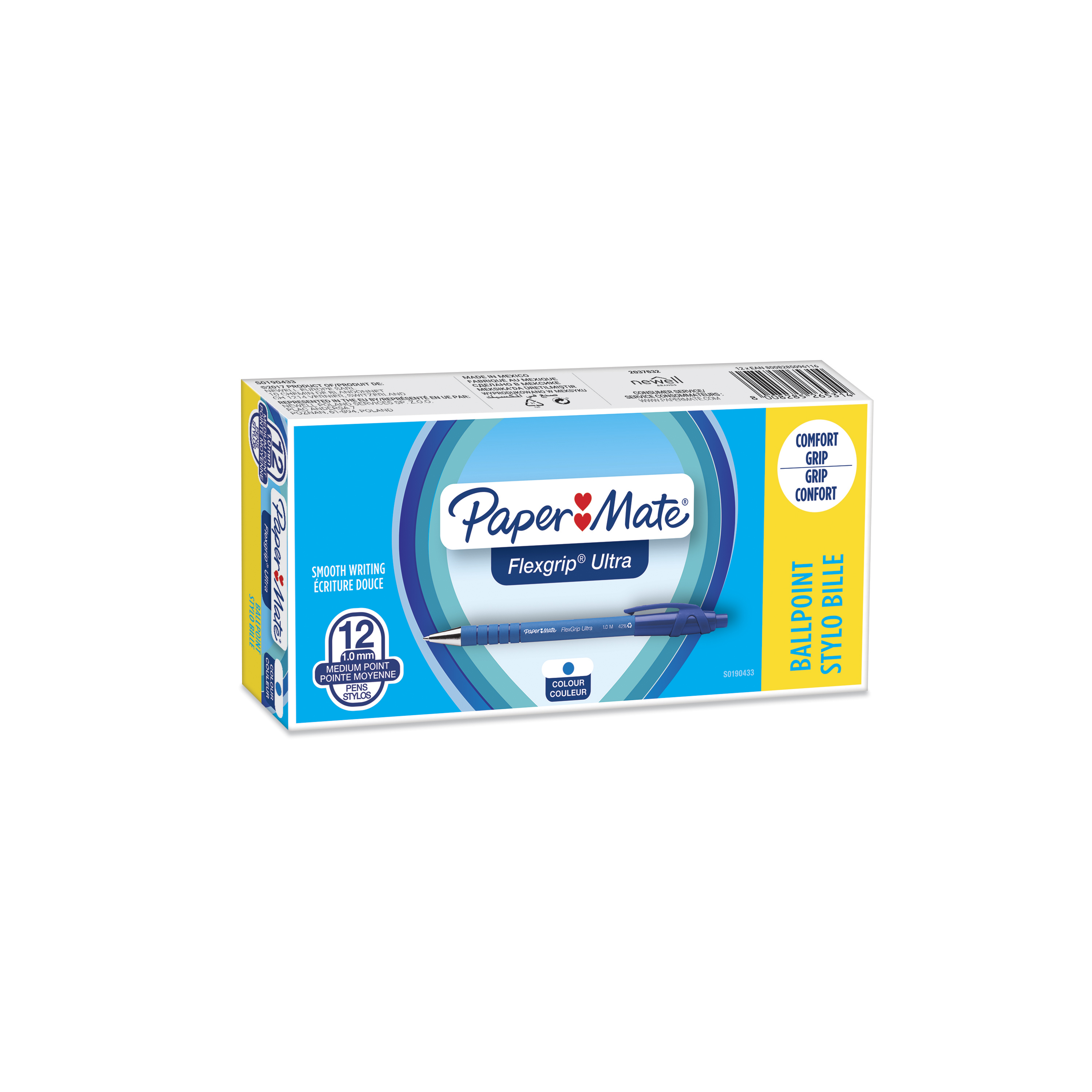 Stylos Bille Paper Mate Flexgrip Elite - Boîte De 12 - Pointe Moyenne 1.4mm - Encre Bleue - Confort D'Écriture Exceptionnel