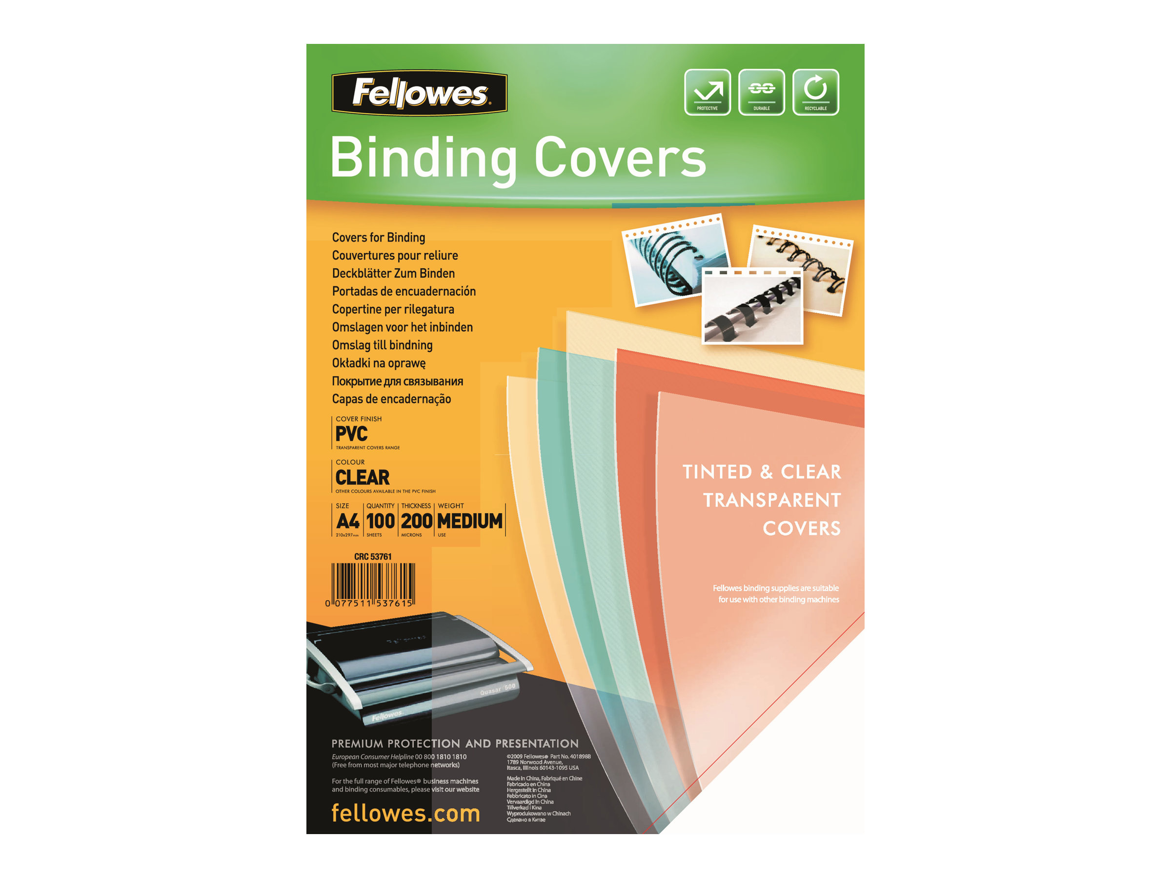 Fellowes - 100 couverture à reliures A4 (21 x 29,7 cm) - plastique 200  microns - transparent Pas Cher