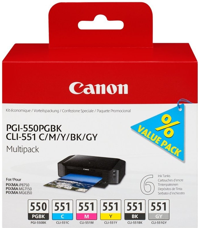 Canon CLI-551/PGI-550 - Pack de 6 - noir, noir photo, gris, cyan, magenta, jaune - cartouche d'encre originale