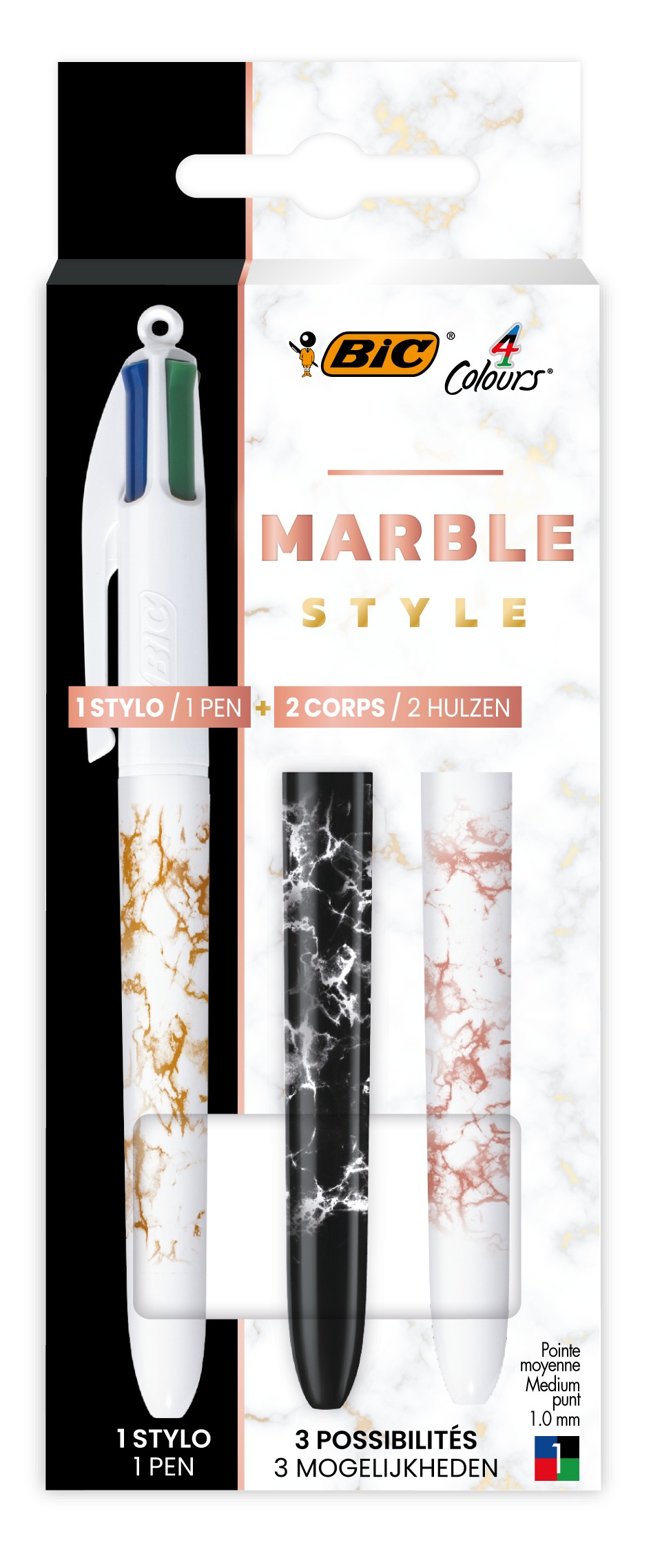 BIC Stylo 4 Couleurs Customize Me Marbre - Coffret 1 Stylo + 2 Corps Interchangeables - Pointe 1.0mm
