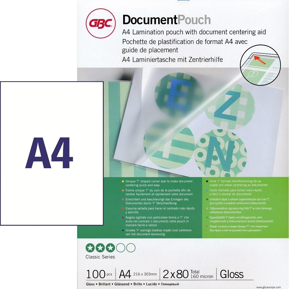 GBC - 100 pochettes de plastification A4 (216 x 303 mm) - 2 x 80 microns -  brillantes Pas Cher | Bureau Vallée