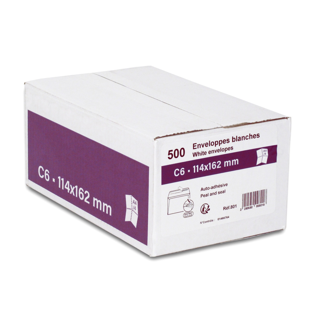 Boîte de 500 enveloppes blanches C6 114x162 80 g/m² bande de protection 