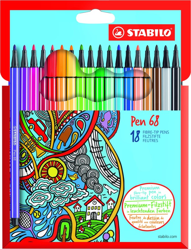 STABILO Pen 68 - 18 Feutres pointe moyenne - couleurs assorties