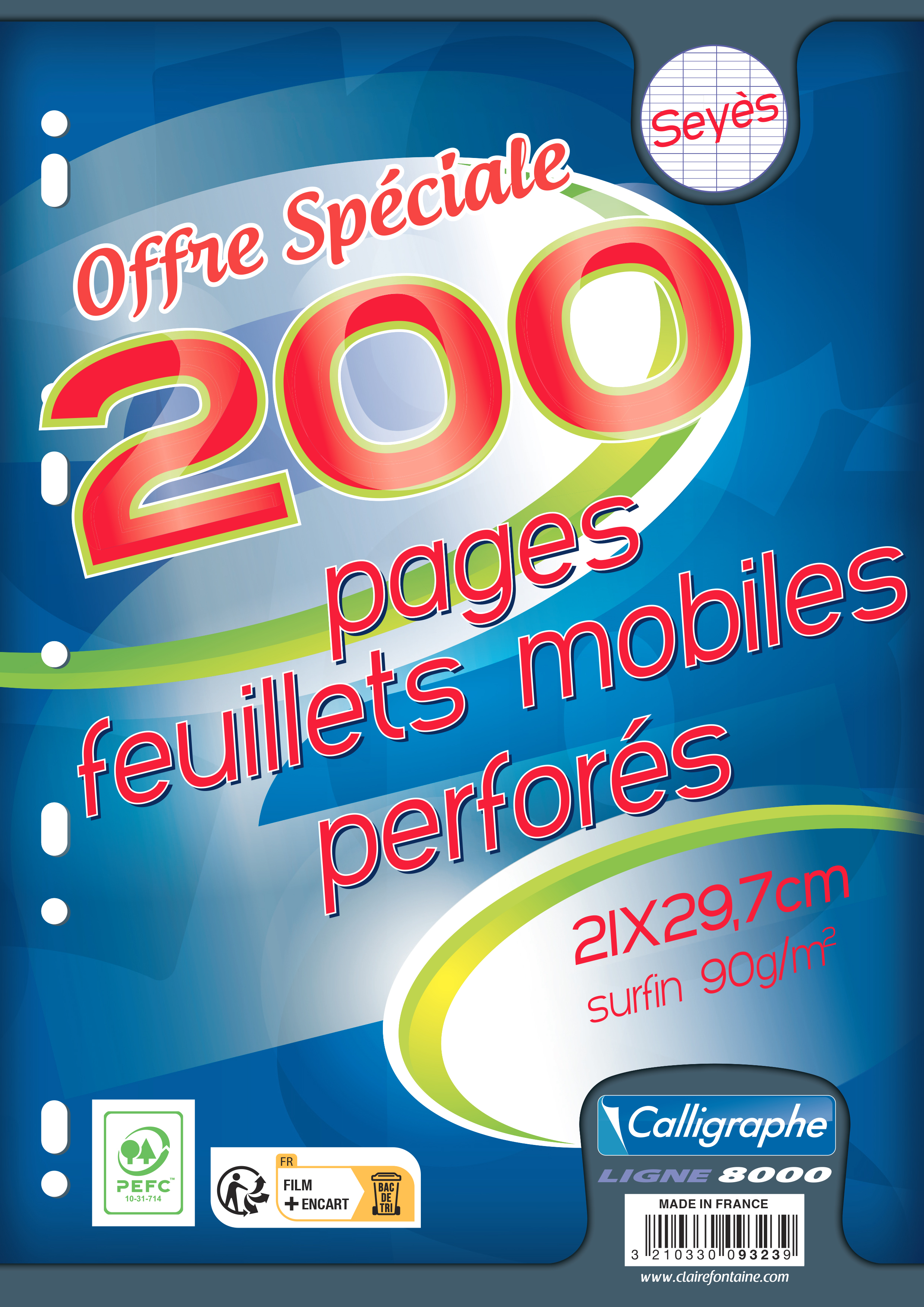 Feuillets Mobiles Perforées Bleu 21X29,7 A4 Grands Carreaux Seyes 90G  Clairefontaine pas cher