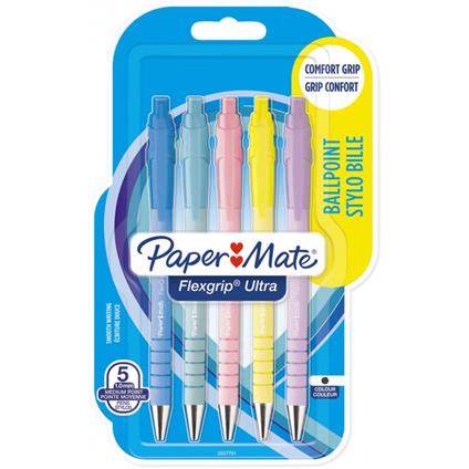 Paper Mate FlexGrip ultra - Pack de 5 stylos à bille (encre noire) -  couleurs pastels assorties - 1 mm - rétractable Pas Cher